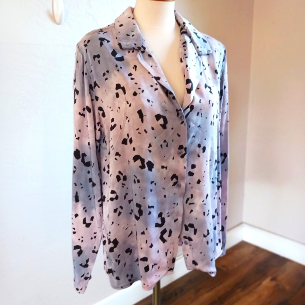 Cloth & Stone Button Front, Long Sleeve Tie Dye & Animal Print Blouse-UNIQUE